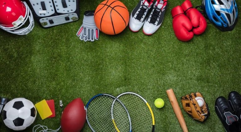 Assorted sports balls and equipment on grass