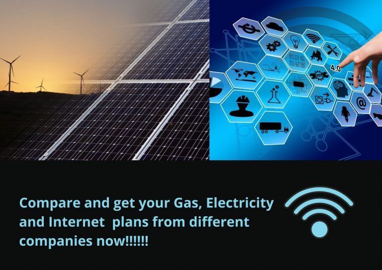 Solar panels and a network graphic with text about comparing gas, electricity and internet plans