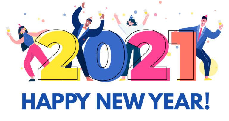"2021 Happy New Year" illustration with people celebrating