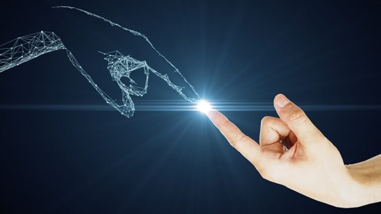 Robot hand and human hand reaching towards each other