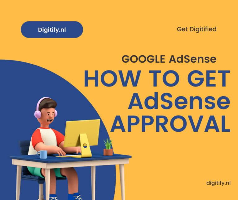 "How to get AdSense approval" title graphic with a person at a laptop