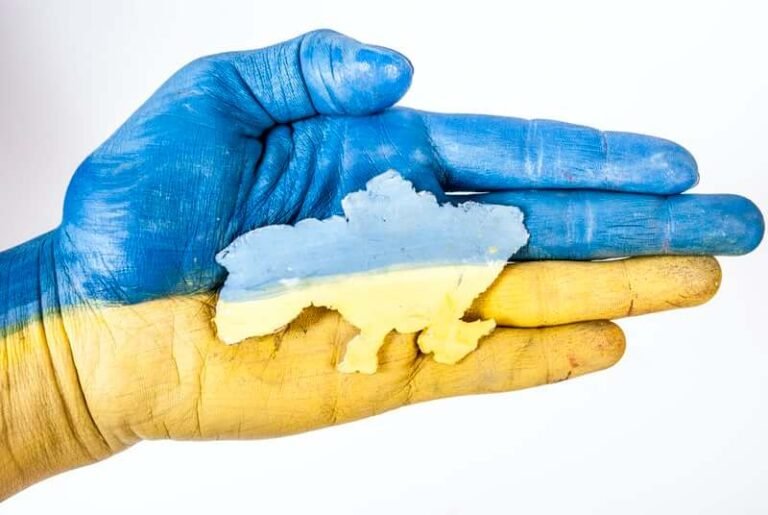 Hand painted in the blue and yellow of the Ukrainian flag