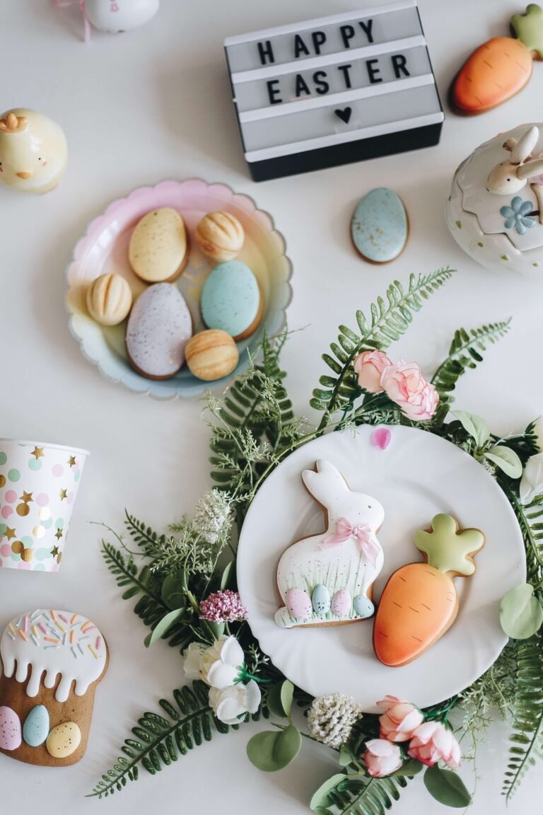 Easter eggs and flowers on a white table