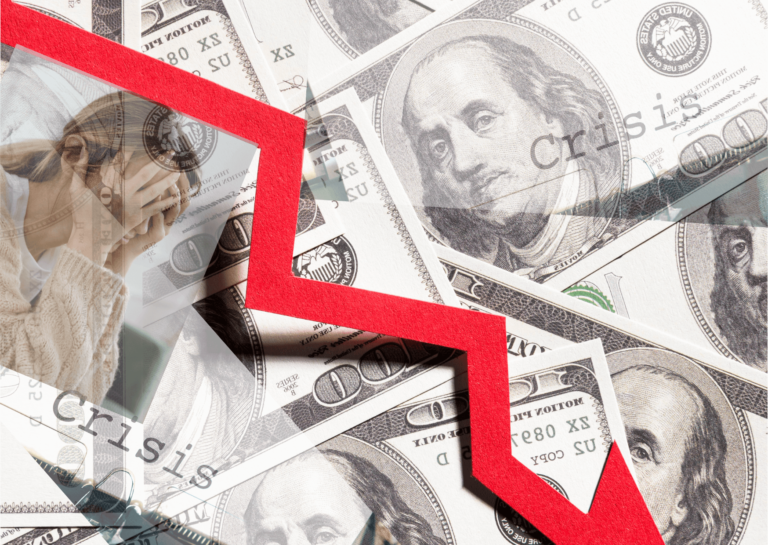 Red arrow pointing down over US dollar banknotes