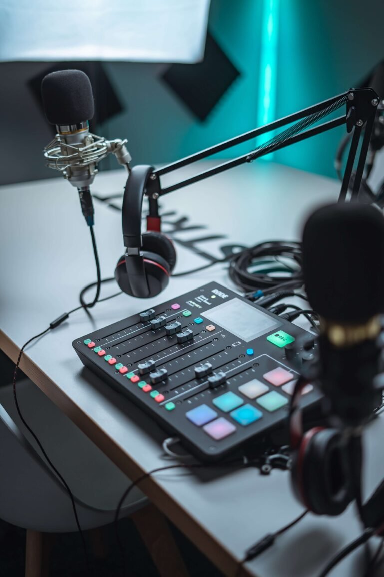 Podcast microphone and mixing desk