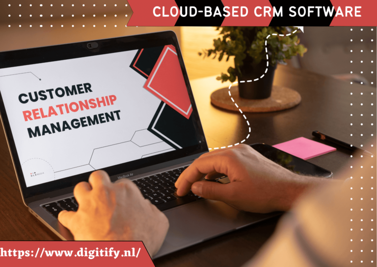 "Customer relationship management" on a laptop screen, cloud-based CRM software graphic