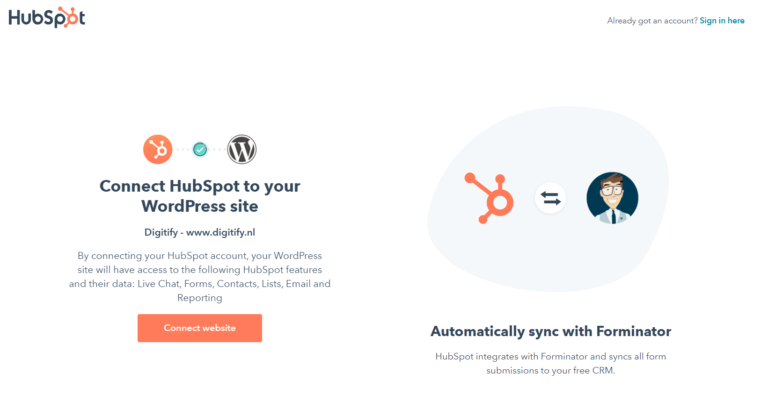 Screenshot of connecting HubSpot to WordPress