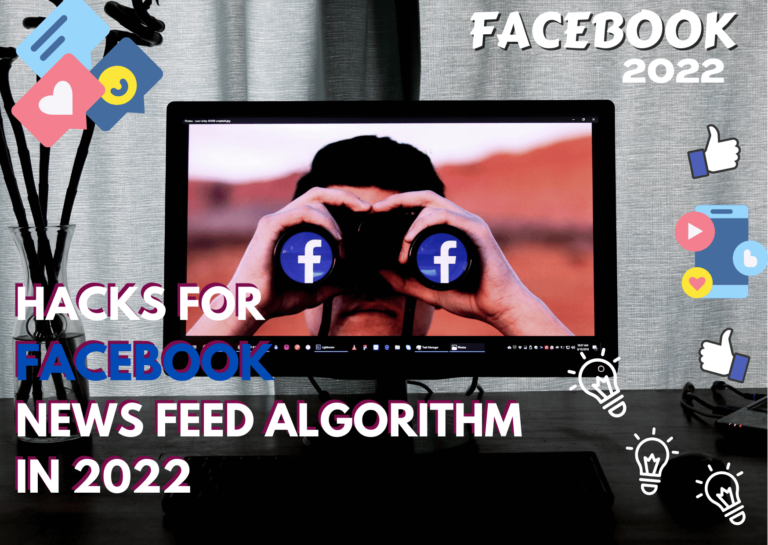 "Hacks for the Facebook news feed algorithm" title graphic with a laptop