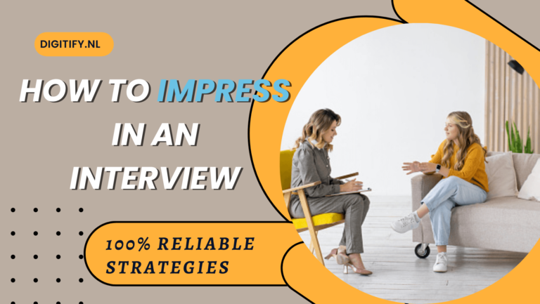 "How to impress in an interview" title graphic with two people in an interview