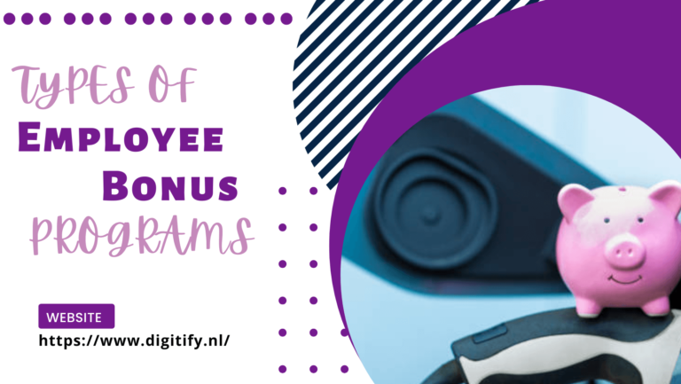 "Types of employee bonus programs" title graphic with a piggy bank
