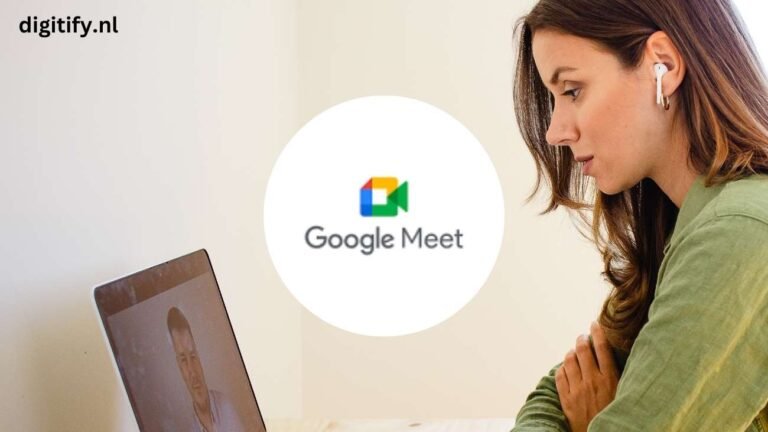 Woman using a laptop next to the Google Meet logo