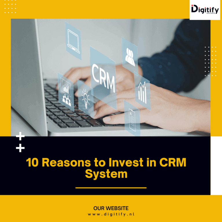 "10 Reasons to Invest in CRM System" title graphic with a person using a laptop