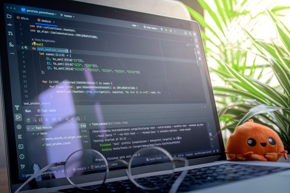Developer reviewing test cases and code on laptop